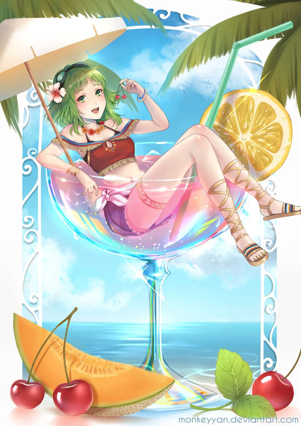 1girl alcohol artist_name bendy_straw black_bra blue_shorts blue_sky bra bracelet breasts cantaloupe cherry_blossoms clouds crop_top cup cutoffs day denim denim_shorts deviantart_username drinking_straw floating flower flower_necklace flower_request food fruit goggles goggles_on_head green_eyes green_hair green_nails gumi hair_flower hair_ornament happy highres holding holding_fruit ice ice_cube in_container in_cup jewelry leaf leaning_back leg_garter lemon lemon_slice looking_at_viewer medium_breasts nail_polish navel necklace open_mouth oversized_object palm_tree partially_submerged sandals shorts sitting sky solo stomach sunlight thighs toenail_polish tongue tree underwear vocaloid watermark web_address yan_wong