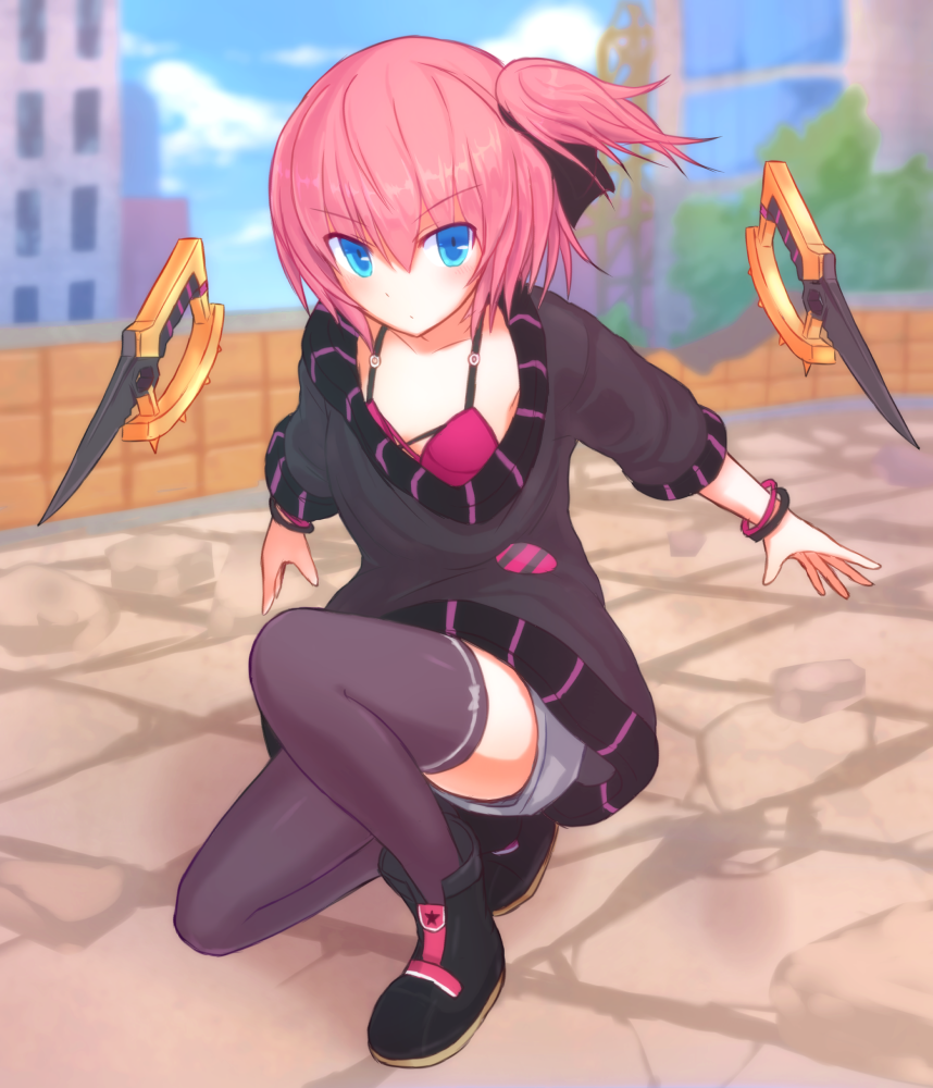 1girl blue_eyes breasts closers full_body looking_at_viewer one_knee oversized_clothes pink_hair ribbon seulbi_lee short_hair side_ponytail small_breasts solo suta_(clusta) weapon