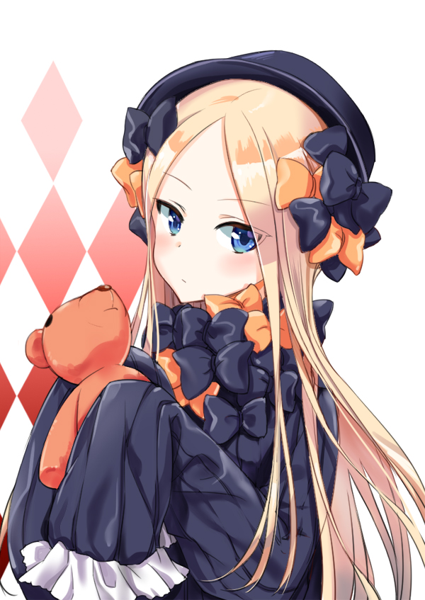 1girl abigail_williams_(fate/grand_order) argyle argyle_background bangs black_bow black_dress black_hat blonde_hair blue_eyes blush bow closed_mouth commentary_request dress eyebrows_visible_through_hair fate/grand_order fate_(series) forehead hair_bow hat holding holding_stuffed_animal l_(yuda07) long_hair long_sleeves looking_at_viewer orange_bow parted_bangs sleeves_past_wrists solo stuffed_animal stuffed_toy teddy_bear very_long_hair white_background