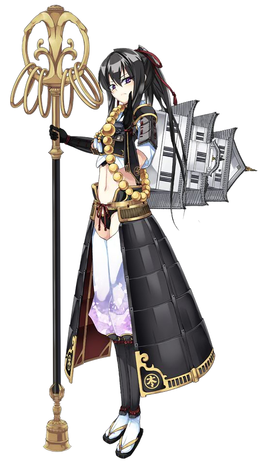 1girl armor beads black_hair castle full_body gloves holding holding_staff kanzaki_karuna looking_at_viewer looking_to_the_side midriff navel oshiro_project oshiro_project_re otaki_(oshiro_project) ponytail prayer_beads purple_hair shachihoko short_sleeves staff