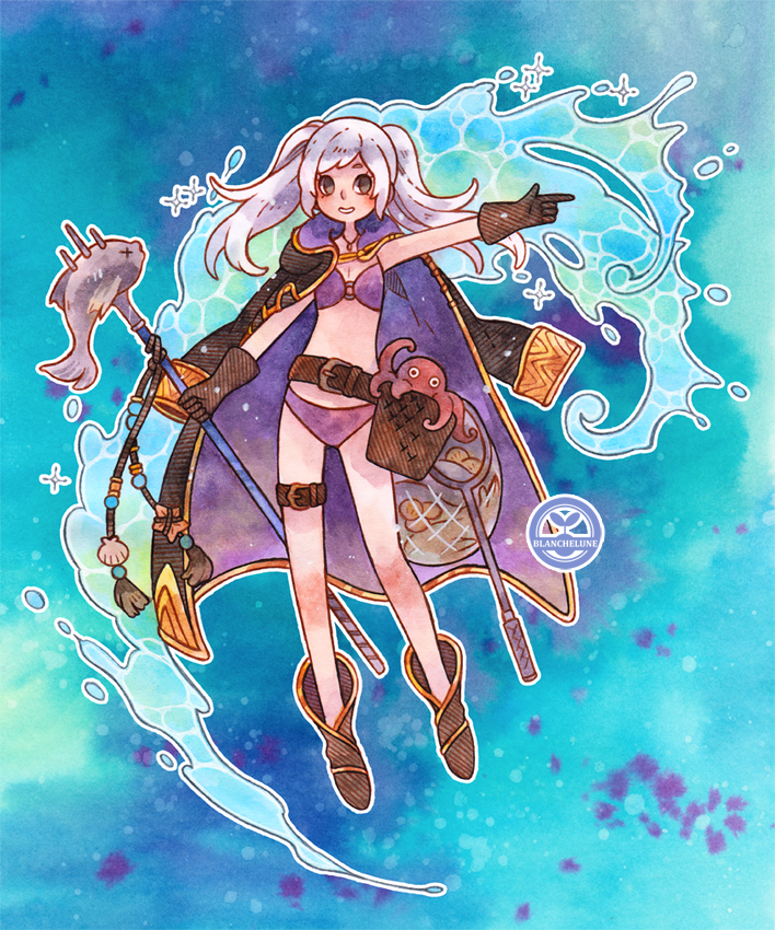 1girl alternate_costume basket belt bikini blanchelune boots brown_gloves female_my_unit_(fire_emblem:_kakusei) fire_emblem fire_emblem:_kakusei fire_emblem_heroes fish fishing_net gloves jacket_on_shoulders looking_at_viewer my_unit_(fire_emblem:_kakusei) octopus pointing polearm silver_hair smile solo swimsuit thigh_strap trident twintails water weapon