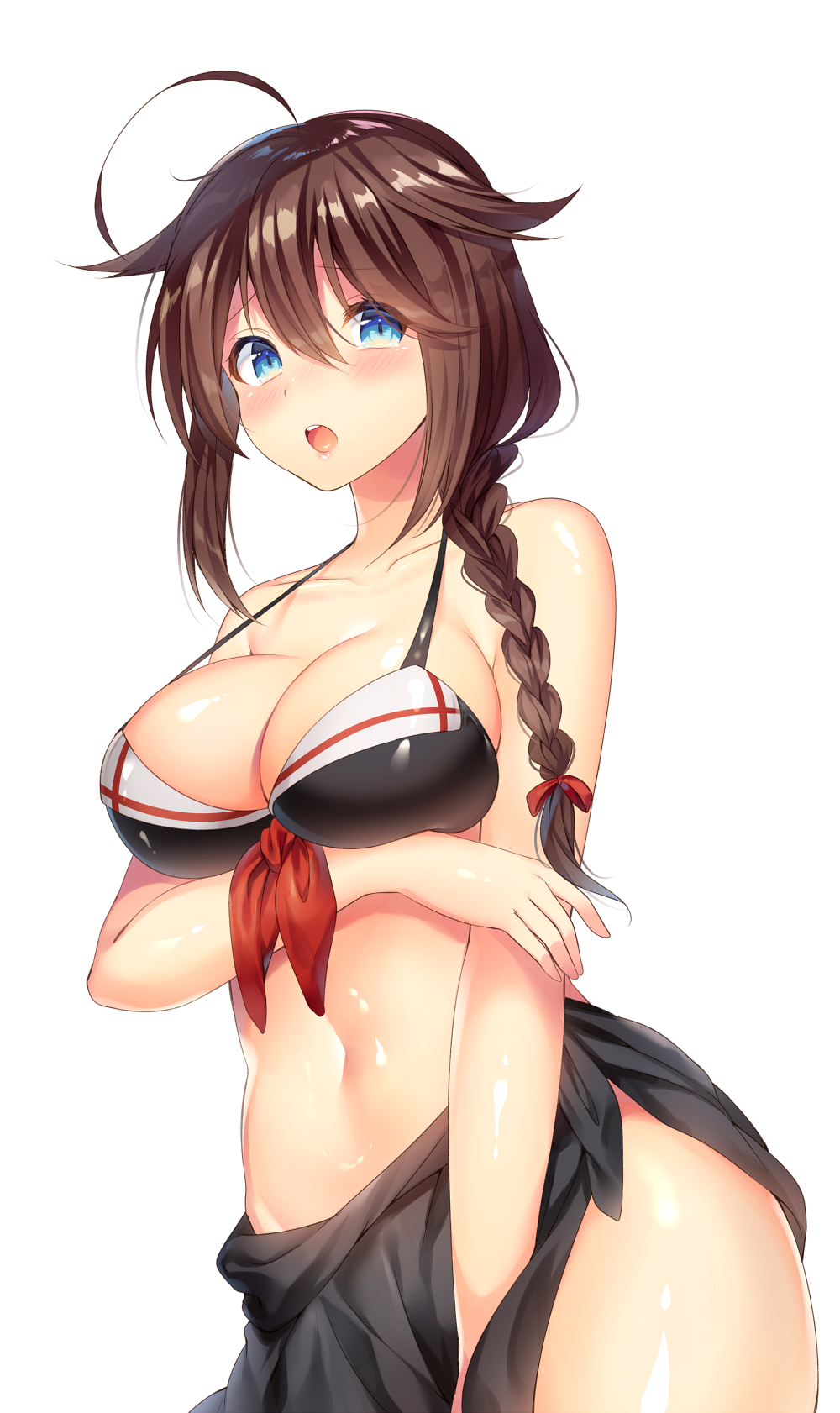 10s 1girl adapted_costume ahoge alternate_breast_size bikini black_bikini blue_eyes blush braid breasts brown_hair cleavage collarbone commentary_request covering covering_crotch embarrassed hair_between_eyes hair_flaps hand_on_arm highres kantai_collection large_breasts long_hair looking_at_viewer navel ntk_(7t5) open_mouth remodel_(kantai_collection) sarong shigure_(kantai_collection) shiny shiny_skin simple_background solo strap_gap swimsuit thighs upper_body white_background