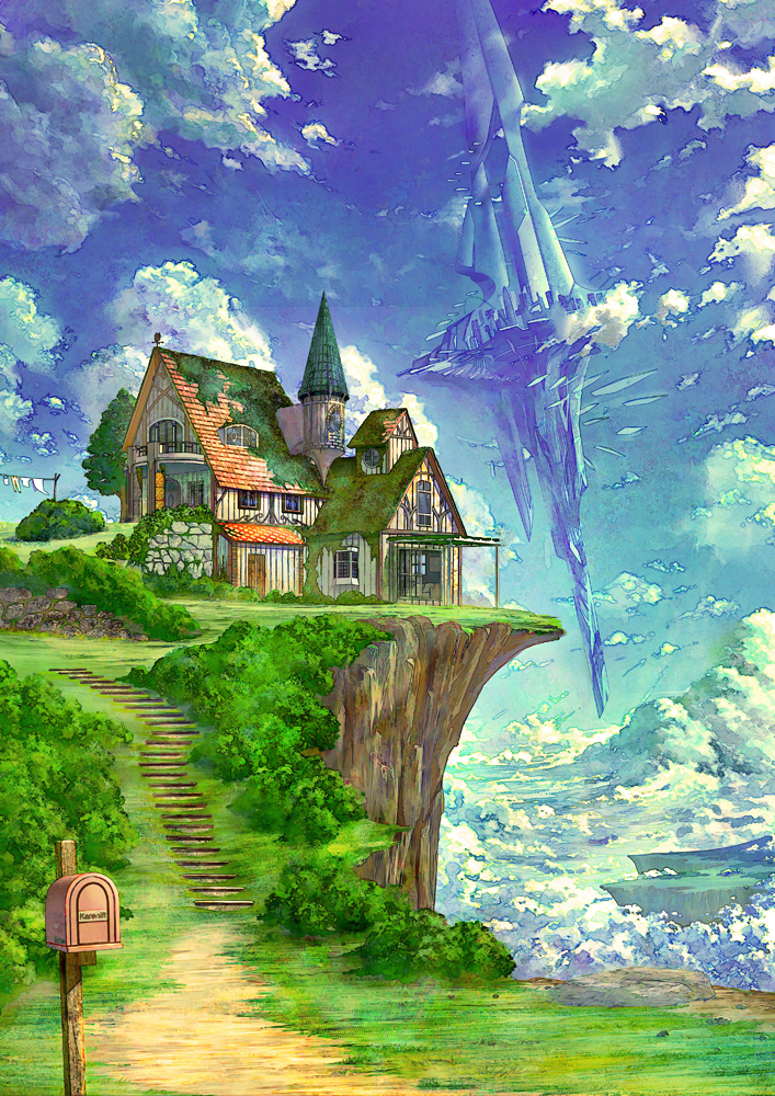 clothes clothes_pin clothesline floating_island house kaitan mailbox moss no_humans original scenery stairs