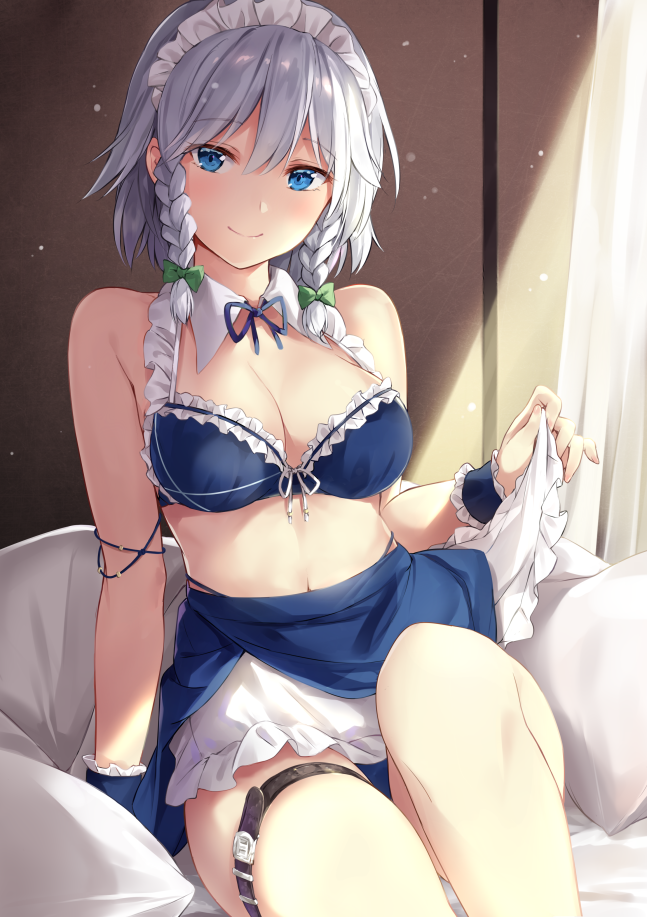 1girl adapted_costume apron apron_lift bangs bare_legs bare_shoulders blue_bra blue_eyes bow bra braid breasts cleavage closed_mouth curtains detached_collar female green_bow hair_bow highres indoors izayoi_sakuya izuru knee_up large_breasts legs lifted_by_self looking_at_viewer maid_headdress on_bed pillow short_hair silver_hair sitting smile solo thigh_strap touhou twin_braids underwear waist_apron wrist_cuffs