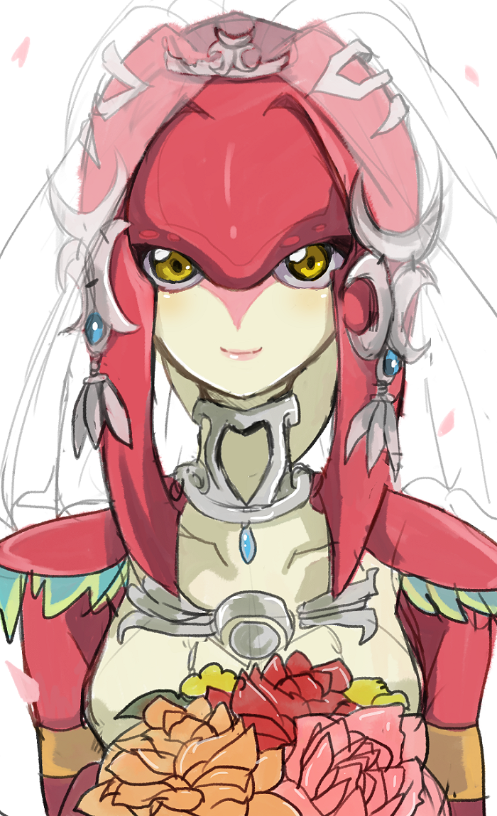 1girl blush bridal_veil bride dress fins fish_girl flower hair_ornament jewelry long_hair looking_at_viewer mipha monster_girl multicolored multicolored_skin no_eyebrows red_skin redhead rem_sora410 smile solo the_legend_of_zelda the_legend_of_zelda:_breath_of_the_wild veil wedding_dress yellow_eyes zora