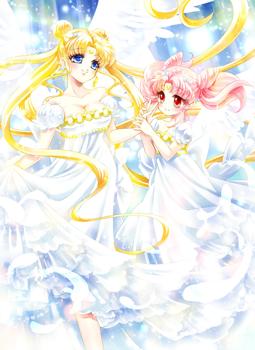 2girls bishoujo_senshi_sailor_moon blonde_hair blue_eyes breasts chibi_usa cleavage crescent double_bun dress facial_mark feathered_wings feathers forehead_mark hair_ornament hairpin long_hair looking_at_another medium_breasts multiple_girls pink_hair princess_serenity red_eyes shirataki_kaiseki short_hair small_lady_serenity smile tsukino_usagi twintails white_dress white_wings wings