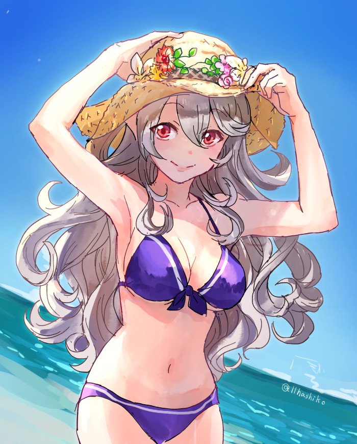 1girl beach bikini blush breasts cleavage collarbone female_my_unit_(fire_emblem_if) fire_emblem fire_emblem_heroes fire_emblem_if grey_hair hairband hashiko_(neleven) large_breasts long_hair looking_at_viewer my_unit_(fire_emblem_if) navel pointy_ears red_eyes smile solo standing swimsuit