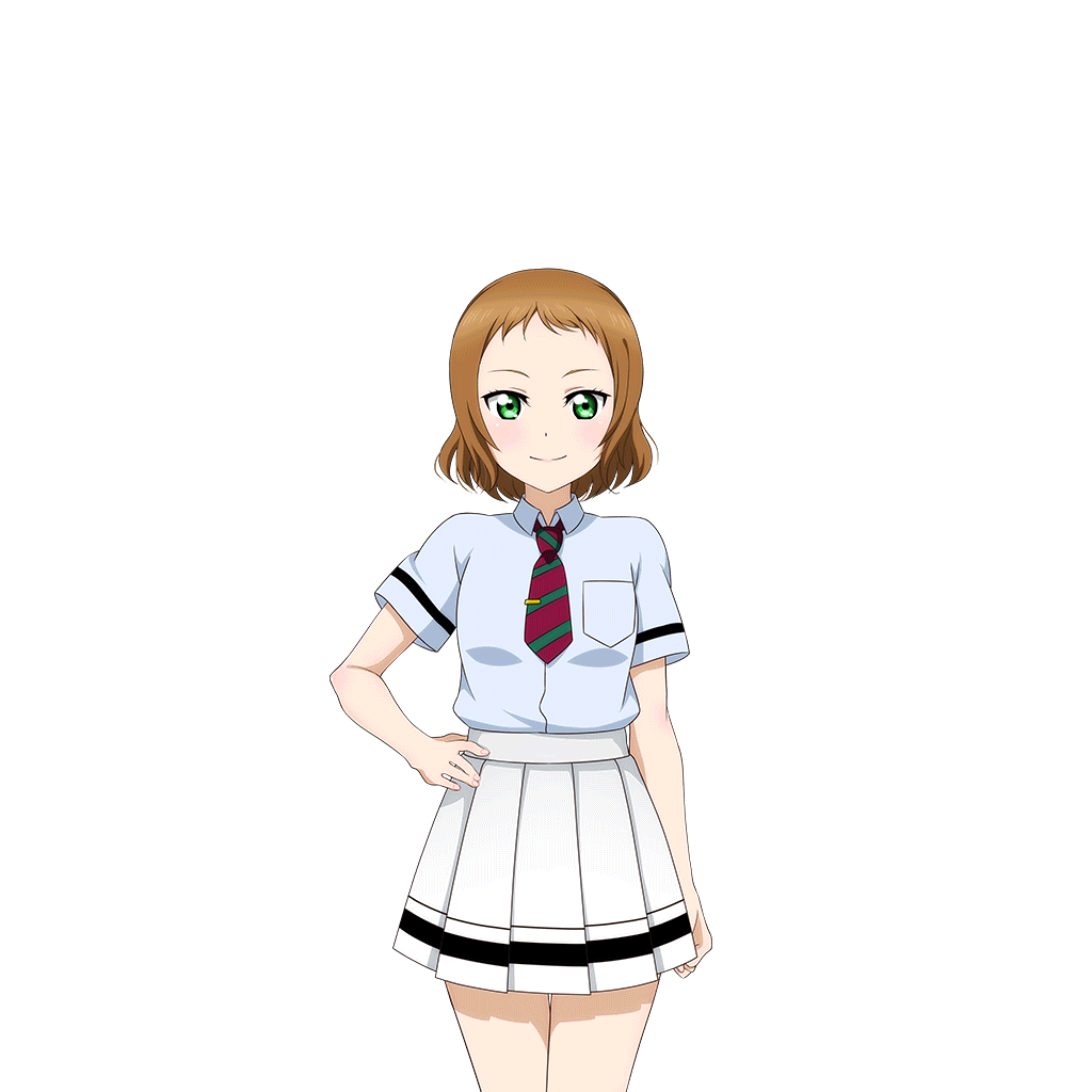 1girl artist_request bangs breasts brown_hair green_eyes hand_on_hip kira_tsubasa looking_at_viewer love_live! love_live!_school_idol_festival love_live!_school_idol_project necktie official_art pleated_skirt school_uniform short_hair short_sleeves skirt small_breasts smile solo striped striped_necktie uniform utx_school_uniform