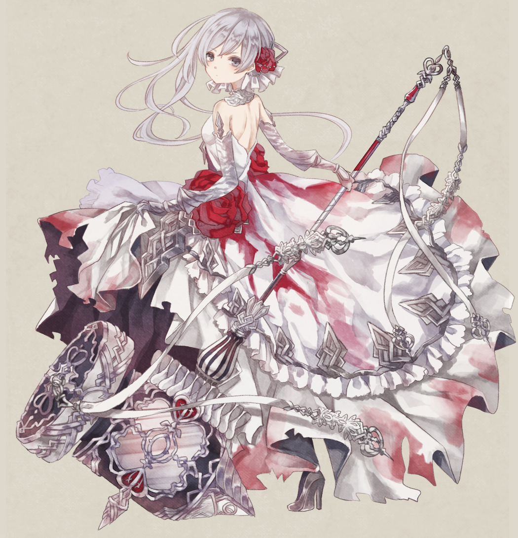 1girl asymmetrical_hair bangs dress frills from_side full_body grey_background grey_eyes grey_hair holding looking_at_viewer looking_back oro_ponzu silver_hair simple_background sinoalice snow_white_(sinoalice) solo standing white_dress