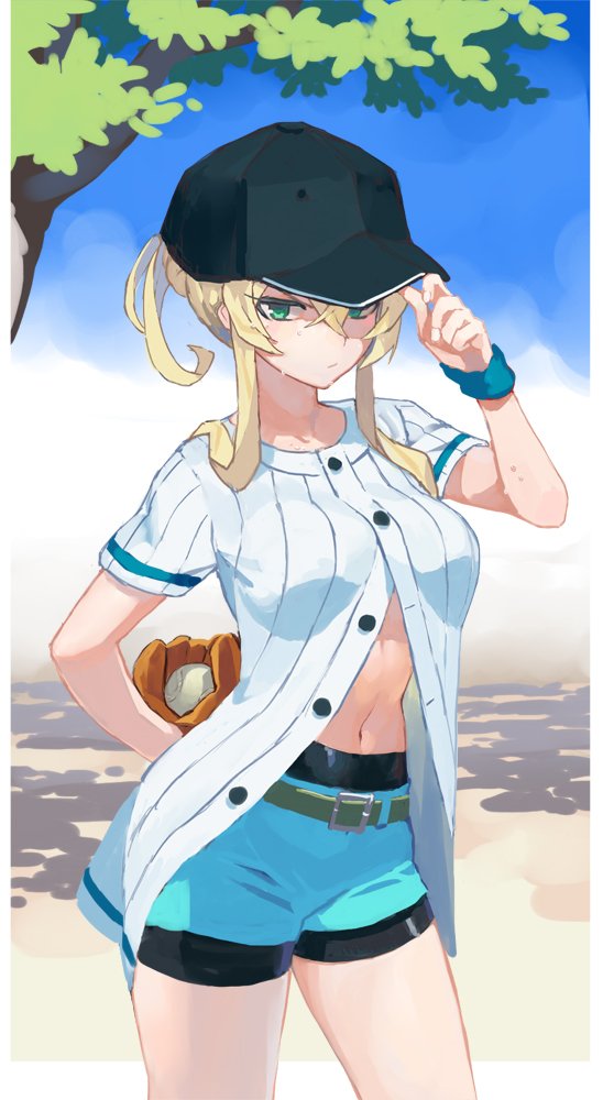 1girl aqua_shorts arm_behind_back ball baseball baseball_cap baseball_glove baseball_uniform belt belt_buckle black_hat blonde_hair blue_shorts breasts buckle buttons closed_mouth commentary_request day fingernails green_eyes hair_between_eyes hand_on_headwear hand_up hat holding holding_ball legs_apart looking_at_viewer medium_breasts midriff navel original outdoors ponytail ribbed_shirt shirt short_shorts short_sleeves shorts solo sportswear standing stomach sweatdrop tree unbuttoned unbuttoned_shirt washi_no_tosaka wristband