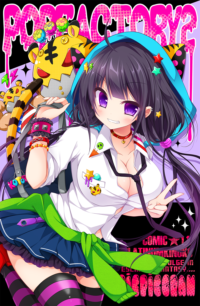 1girl bag black_hair black_legwear black_necktie blue_skirt blush bracelet cd collar collarbone duffel_bag eyebrows_visible_through_hair fang hair_ornament headphones headphones_around_neck heart highres jewelry long_hair looking_at_viewer mohumohu-san necktie open_mouth original purple_legwear skirt smile solo star star_hair_ornament striped striped_legwear sunshine_creation teeth thigh-highs twintails v violet_eyes