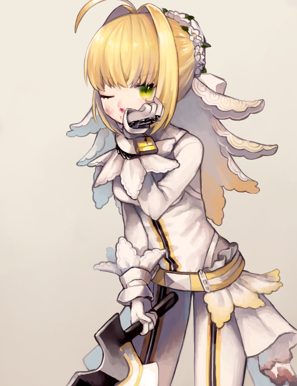 1girl aestus_estus ahoge bangs beige_background belt blonde_hair blood blood_on_face bodysuit bridal_veil chains closed_mouth cowboy_shot eyebrows_visible_through_hair fate/extra fate/extra_ccc fate_(series) gloves green_eyes hair_intakes highres holding holding_sword holding_weapon lock looking_at_viewer munuko one_eye_closed padlock red_eyes saber_bride saber_extra short_hair_with_long_locks showgirl_skirt sidelocks simple_background solo sword veil weapon white_gloves wiping_face zipper