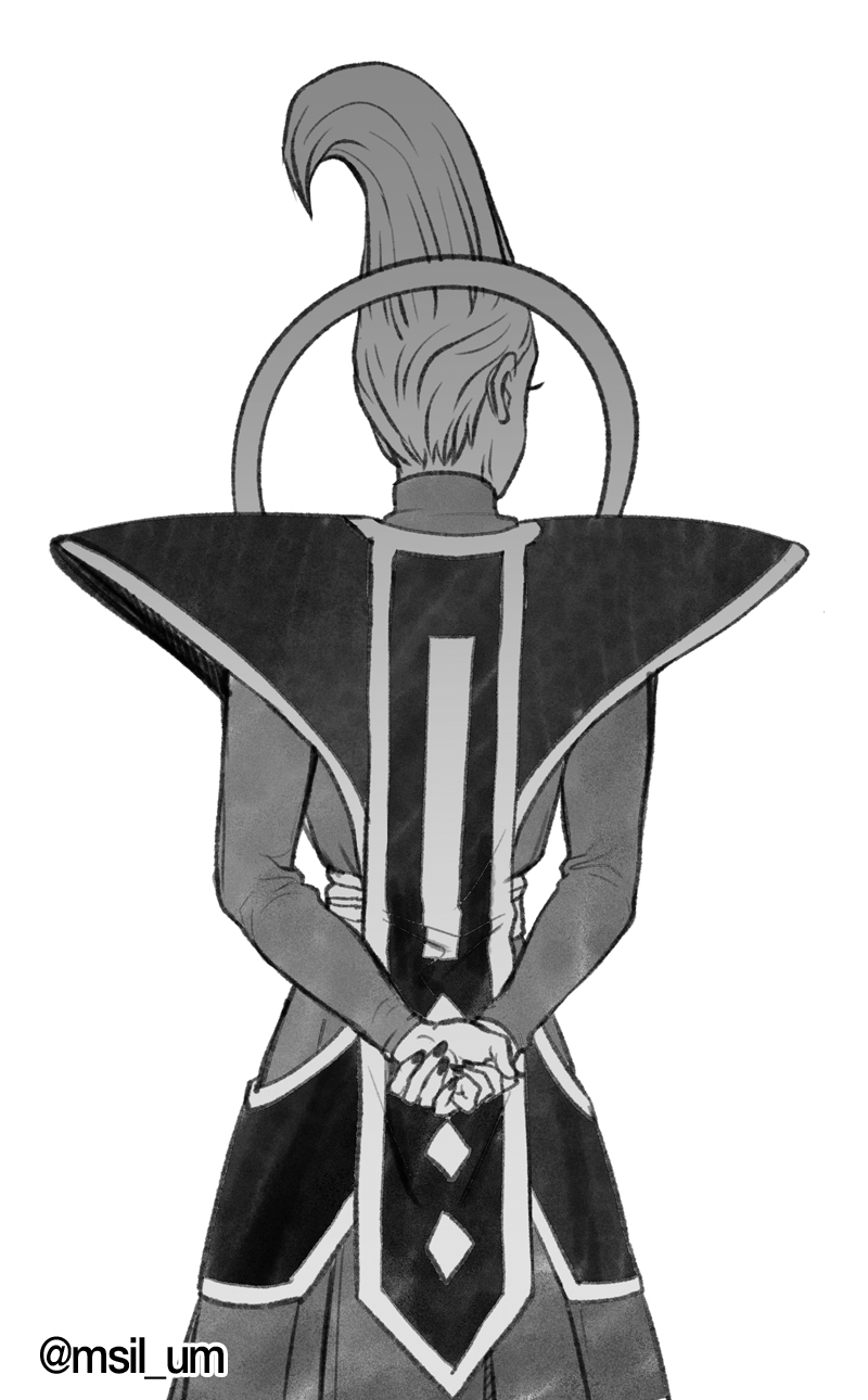 1boy arms_behind_back dragon_ball dragon_ball_super from_behind greyscale highres long_hair male_focus monochrome shoulder_pads solo twitter_username umelim whis