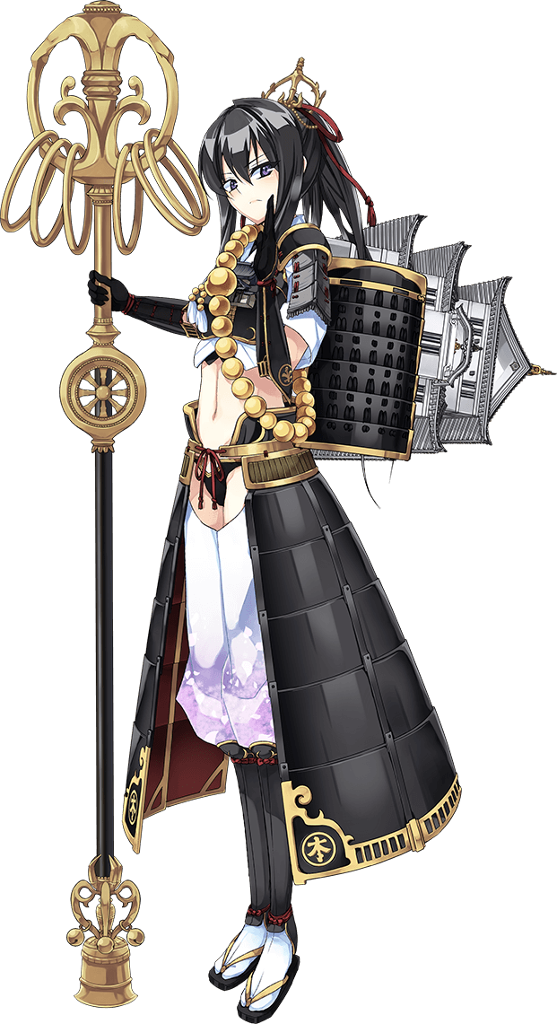 1girl armor beads black_hair castle full_body gloves hair_ornament holding holding_staff kanzaki_karuna long_hair looking_at_viewer looking_to_the_side midriff navel official_art oshiro_project oshiro_project_re otaki_(oshiro_project) ponytail prayer_beads shachihoko short_sleeves staff standing transparent_background violet_eyes
