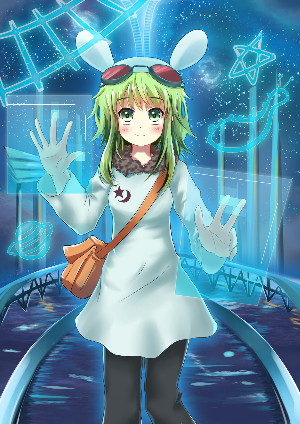 1girl bag blush eyebrows_visible_through_hair goggles goggles_on_head green_eyes green_hair gumi handbag highres looking_at_viewer night night_sky rayhwang sky smile solo star star-shaped_pupils star_(sky) starry_sky symbol-shaped_pupils vocaloid