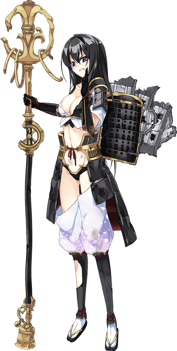 1girl angry armor beads black_hair breasts broken_armor broken_staff castle cleavage clenched_teeth full_body gloves holding holding_staff kanzaki_karuna large_breasts long_hair looking_at_viewer looking_to_the_side midriff navel official_art oshiro_project oshiro_project_re otaki_(oshiro_project) panties shachihoko short_sleeves solo staff standing torn_clothes transparent_background underwear violet_eyes