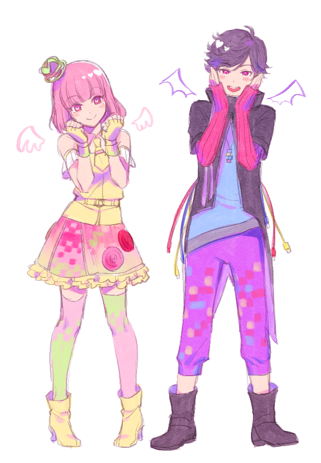 1boy 1girl boots brown_boots cable female fingerless_gloves gloves hands_on_own_cheeks hands_on_own_face high_heel_boots high_heels jacket jewelry kamen_rider kamen_rider_ex-aid_(series) male necklace open_mouth parad pendant pink_eyes pink_hair pink_skirt poppi_pipopapo purple_hair rin2010 round_teeth skirt sleeves_past_wrists smile teeth thigh-highs yellow_boots yellow_gloves zettai_ryouiki