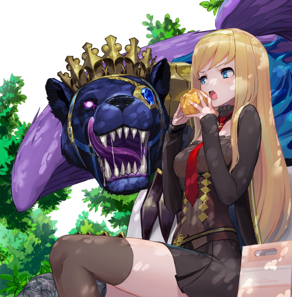 1girl bangs belt bench blonde_hair blue_eyes breasts brown_legwear brown_skirt bush cleavage_cutout commentary_request crown day drooling eating eyepatch fangs feathered_wings food frills glowing glowing_eyes hairband hands_up holding holding_food kamiyugi_ayase licking_lips long_hair long_sleeves looking_at_another medium_breasts miniskirt monster necktie one_eye_covered open_mouth outdoors purple_wings red_necktie saliva shirt sitting sitting_on_bench skindentation skirt solo swept_bangs teeth thigh-highs tongue tongue_out tree turtleneck washi_no_tosaka white_background wings yellow_hairband z/x