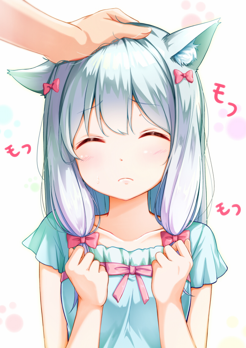 1girl animal_ears bangs blouse blue_blouse blush bow cat_ears closed_eyes closed_mouth commentary_request eromanga_sensei hair_bow hands_up izumi_sagiri na53 out_of_frame petting pink_bow short_sleeves silver_hair solo_focus upper_body