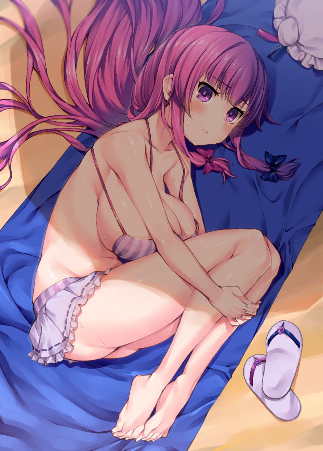1girl akanagi_youto bangs bare_legs barefoot bikini bikini_skirt blush bow breast_press breasts bright_pupils closed_mouth eyebrows_visible_through_hair fetal_position flip-flops hair_bow hat hat_removed headwear_removed highres knees_on_chest large_breasts leg_hug long_hair looking_at_viewer lying on_side patchouli_knowledge plantar_flexion purple_bikini purple_hair ribbon-trimmed_skirt sandals sidelocks solo strap_gap sweat swimsuit touhou violet_eyes