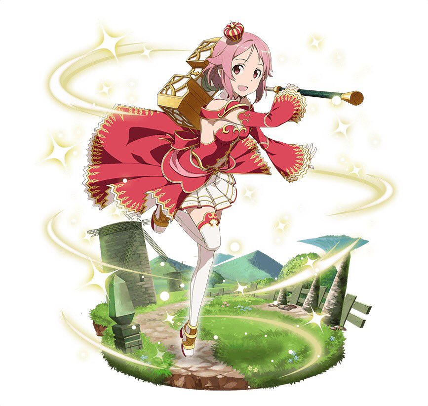 1girl :d boots breasts cleavage crown detached_sleeves dress full_body hammer holding holding_weapon lisbeth_(sao-alo) looking_at_viewer medium_breasts mini_crown miniskirt one_leg_raised open_mouth pink_hair pleated_skirt red_dress red_eyes short_hair sideboob skirt smile solo sparkle sword_art_online thigh-highs thigh_boots weapon white_boots white_skirt