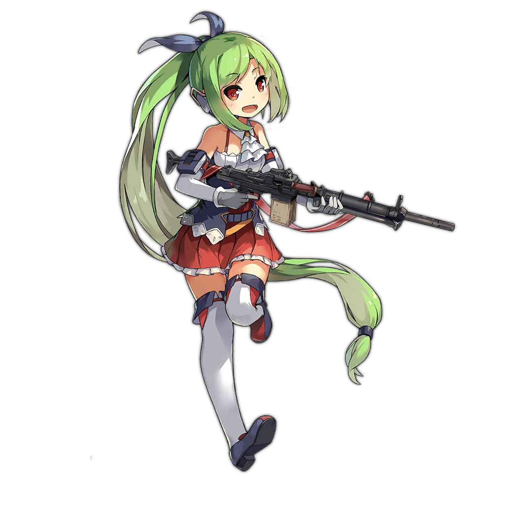 :d aat-52_(girls_frontline) detached_sleeves girls_frontline gloves green_eyes gun hair_ribbon lino-lin long_hair looking_at_viewer machine_gun open_mouth ponytail ribbon smile solo thigh-highs transparent_background weapon