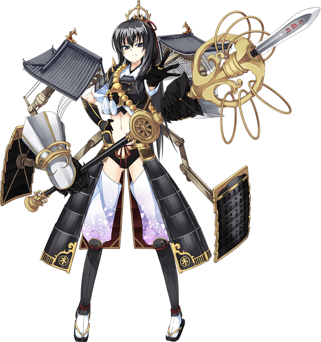 1girl armor beads black_hair castle full_body gloves hair_ornament holding holding_staff kanzaki_karuna long_hair looking_at_viewer midriff navel official_art oshiro_project oshiro_project_re otaki_(oshiro_project) outstretched_arm polearm ponytail prayer_beads shachihoko short_sleeves spear staff standing transparent_background violet_eyes weapon
