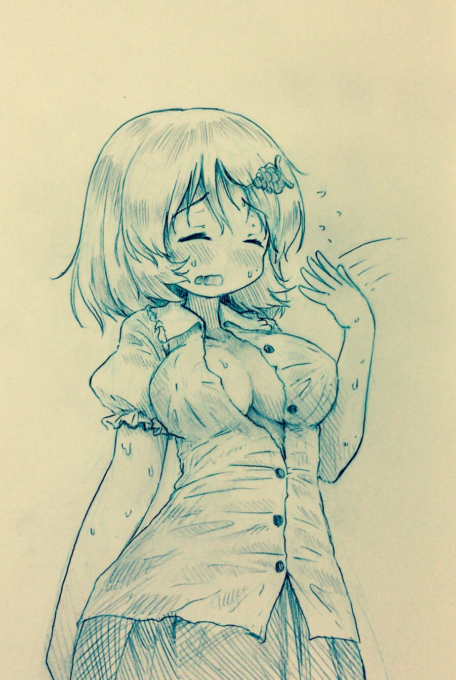 1girl aki_minoriko arinu blush breasts highres hot monochrome open_mouth short_hair solo sweat sweatdrop touhou