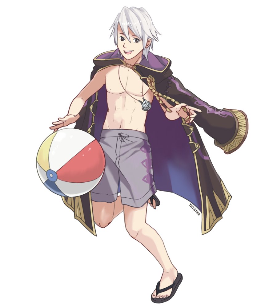 1boy beachball cape finalsmashcomic fire_emblem fire_emblem:_kakusei fire_emblem_heroes full_body gloves hood male_focus male_my_unit_(fire_emblem:_kakusei) male_swimwear my_unit_(fire_emblem:_kakusei) open_mouth short_hair shorts smile swim_trunks swimsuit tamaro_pompom white_background white_hair yayster yellow_eyes