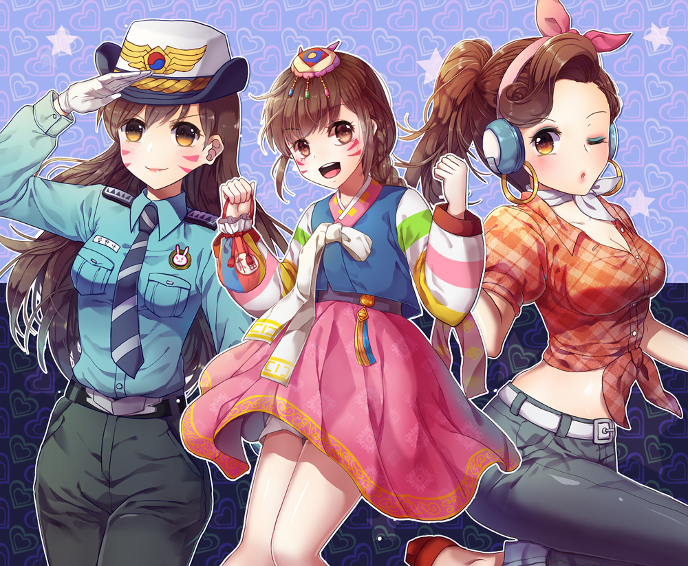 3girls alternate_costume alternate_hairstyle animal_print bag bangs belt blue_background blue_necktie blue_shirt blush braid breast_pocket breasts brown_eyes brown_hair bunny_hair_ornament bunny_print cleavage clenched_hands collarbone collared_shirt cowboy_shot cruiser_d.va d.va_(overwatch) earrings eyebrows_visible_through_hair eyeshadow facepaint facial_mark female_service_cap gloves grey_choker grey_pants hair_ornament hanbok head_scarf headphones heart holding hoop_earrings jewelry knees_together_feet_apart korean_clothes long_hair long_sleeves looking_at_viewer makeup medium_breasts midriff multiple_girls multiple_persona necktie officer_d.va one_eye_closed one_leg_raised outline overwatch palanquin_d.va pants patterned_background pink_lips pink_skirt plaid plaid_shirt pocket police police_uniform policewoman ponytail puckered_lips red_shoes salute shirt shoes short_sleeves skirt smile standing standing_on_one_leg star striped striped_necktie striped_sleeves swept_bangs tassel tight tight_pants tora_(tora_factory) uniform whisker_markings white_gloves