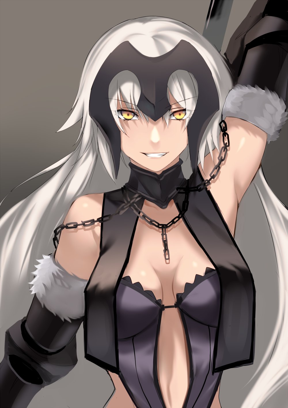 &gt;:) 1girl arm_up armpits bangs bare_shoulders breasts bustier chains cleavage fate/grand_order fate_(series) grin headpiece highres jeanne_alter karlwolf long_hair looking_at_viewer medium_breasts ruler_(fate/apocrypha) smile solo upper_body white_hair yellow_eyes