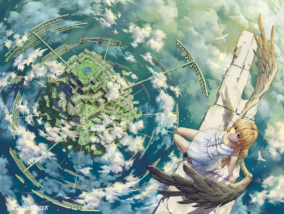 1girl angel_wings artist_name barefoot bird blonde_hair blush clouds dress fantasy feathered_wings foot_dangle from_above graphite_(medium) kaitan landscape legs_together long_hair looking_at_viewer looking_up original outdoors red_eyes ruins scenery sitting sleeveless sleeveless_dress smile solo sunlight traditional_media white_dress wings