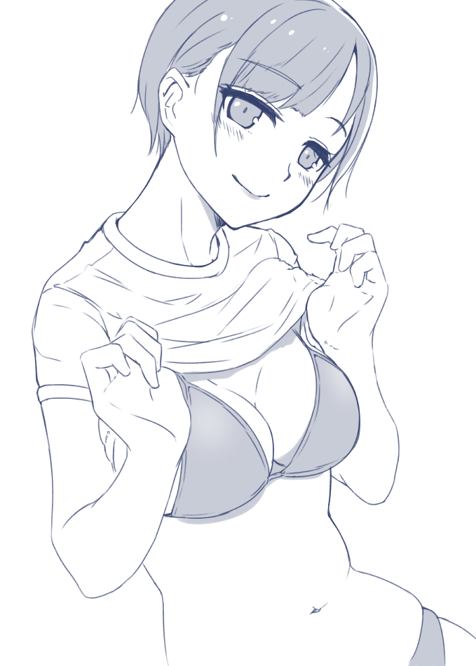 1girl bangs bikini blush breasts cleavage closed_mouth eyebrows_visible_through_hair greyscale hi_iro lifted_by_self lineart looking_at_viewer medium_breasts monochrome navel original shirt shirt_lift short_hair short_sleeves simple_background smile solo solvalou swimsuit t-shirt upper_body very_short_hair