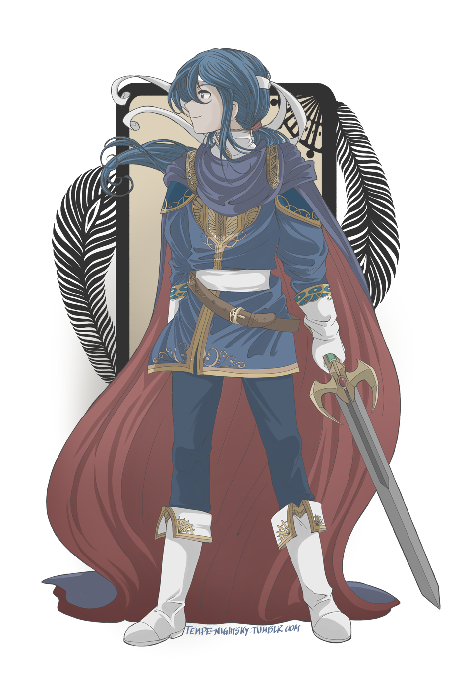 1boy blue_hair cape card celice_(fire_emblem) fire_emblem fire_emblem:_seisen_no_keifu fire_emblem:_thracia_776 gloves headband highres holding holding_sword holding_weapon long_hair smile solo sword tarot tempe weapon