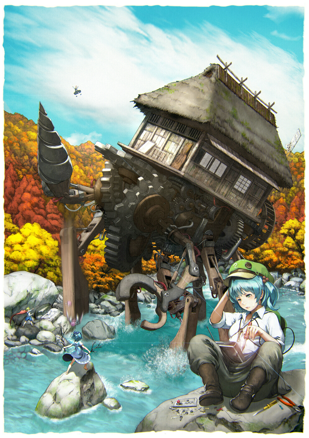 5girls afterimage autumn backpack bag barefoot blonde_hair blue_dress blue_eyes blue_hair blue_sky boots branch brown_boots cape cirno clouds day dress drill gears green_hair green_hat hair_bobbles hair_ornament hat highres house kawashiro_nitori key kodama_(wa-ka-me) multiple_girls mystia_lorelei nature outdoors pants pliers river rock rumia screw screwdriver sitting sky team_9 tongs touhou two_side_up water wing_collar wriggle_nightbug