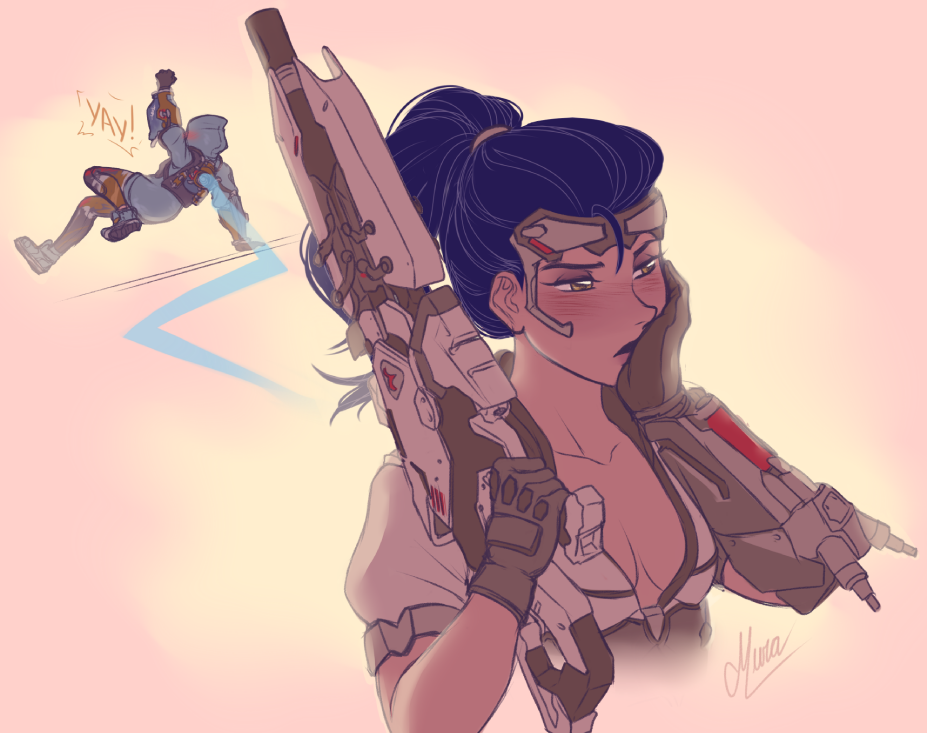 2girls artist_name blue_hair breasts brown_eyes cleavage english gloves graffiti_tracer gun hand_on_own_cheek hood hoodie multiple_girls murasaki-yuri overwatch ponytail rifle sniper_rifle talon_widowmaker tracer_(overwatch) weapon widowmaker_(overwatch)