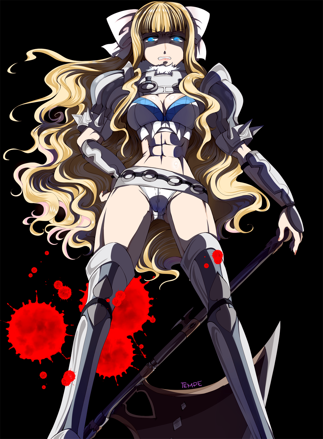 1girl abs armor axe black_background blonde_hair blood blue_eyes bow breasts charlotte_(fire_emblem_if) cleavage cleavage_cutout fire_emblem fire_emblem:_kakusei gauntlets gloves greaves hair_bow hair_ornament highres holding holding_weapon large_breasts long_hair looking_at_viewer panties pantyshot solo tempe underwear weapon