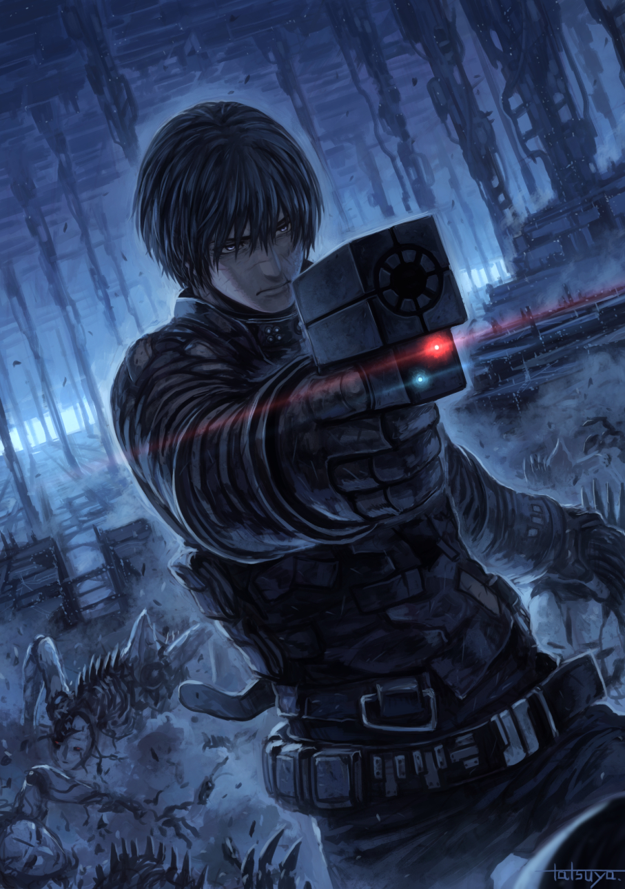 1boy artist_name belt black_bodysuit black_hair blame! bodysuit cowboy_shot cyberpunk dystopia gloves graviton_beam_emitter gun handgun highres holding holding_gun holding_weapon killy lens_flare male_focus ruins safeguard_(blame!) short_hair solo spot_color tatsuya_(atelier_road) utility_belt weapon