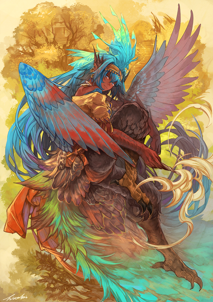 1boy blue_eyes blue_hair dark_skin dark_skinned_male full_body harpy_boy kouno_hitaki long_hair looking_at_viewer male_focus monster_boy original signature solo talons tree wings yellow_background