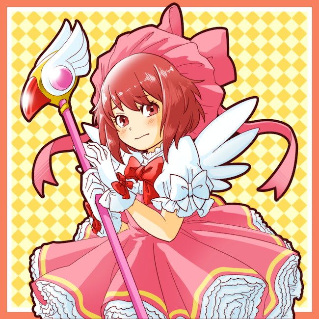 1girl blush card_captor_sakura cosplay dress fire_emblem fire_emblem_if fuuin_no_tsue gloves hat kinomoto_sakura kinomoto_sakura_(cosplay) looking_at_viewer magical_girl namesake pink_hair pink_hat redhead sakura_(fire_emblem_if) sayoyonsayoyo short_hair solo wand white_gloves wings