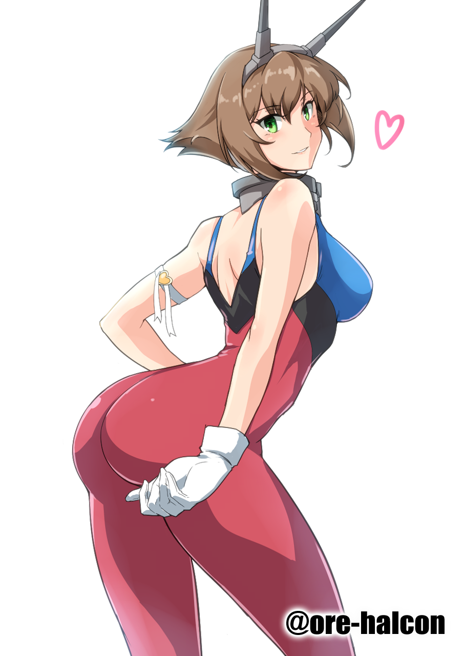 10s 1girl armlet ass bangs bodysuit brown_eyes brown_hair closed_mouth cowboy_shot cutie_honey cutie_honey_(character) cutie_honey_(cosplay) from_behind gloves green_eyes harukon_(halcon) headgear heart highres kantai_collection looking_at_viewer looking_back mutsu_(kantai_collection) purple_bodysuit short_hair simple_background sleeveless smile solo standing white_background white_gloves