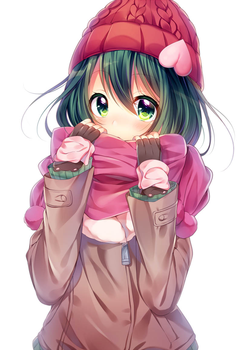 1girl black_gloves blush brown_coat coat eyebrows_visible_through_hair fingerless_gloves gloves green_eyes green_hair hat heart looking_at_viewer ntk_(7t5) pink_scarf red_hat scarf solo tokyo_7th_sisters upper_body winter_clothes winter_coat zipper_pull_tab