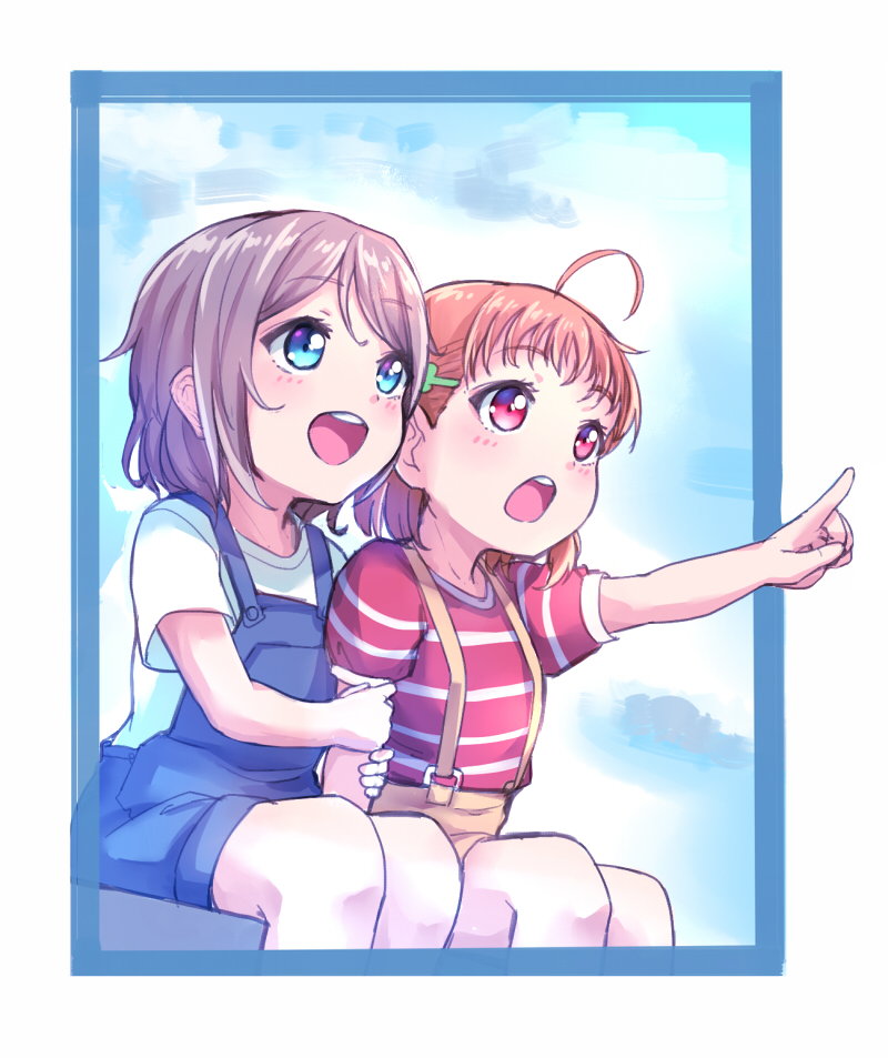 2girls :d :o ahoge bangs blue_border blue_eyes child clouds cloudy_sky grey_hair hair_ornament hairpin holding_arm kanabun love_live! love_live!_sunshine!! multiple_girls open_mouth orange_hair outside_border overalls pointing red_eyes shirt short_hair short_sleeves sitting sky smile striped striped_shirt suspenders takami_chika watanabe_you white_border younger