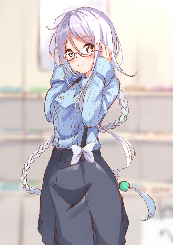 10s 1girl adjusting_glasses ahoge alternate_costume aran_sweater arms_up bespectacled black_skirt blue_sweater blurry blurry_background blush braid breasts commentary_request eyebrows_visible_through_hair ging1993 glasses kantai_collection long_hair looking_at_viewer medium_breasts red-framed_eyewear silver_hair skirt smile solo standing sweater umikaze_(kantai_collection) very_long_hair