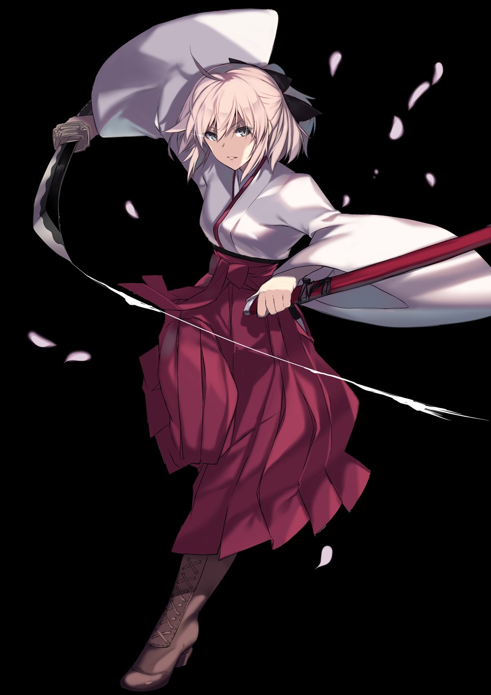 &gt;:( 1girl ahoge bangs black_background black_bow black_eyes boots bow breasts brown_boots cross-laced_footwear fate/grand_order fate_(series) full_body hair_bow hakama high_heel_boots high_heels highres holding holding_sword holding_weapon japanese_clothes karlwolf katana kimono koha-ace lace-up_boots looking_at_viewer medium_breasts obi parted_lips petals pink_hair sakura_saber sash scabbard sheath short_hair solo standing sword weapon white_kimono