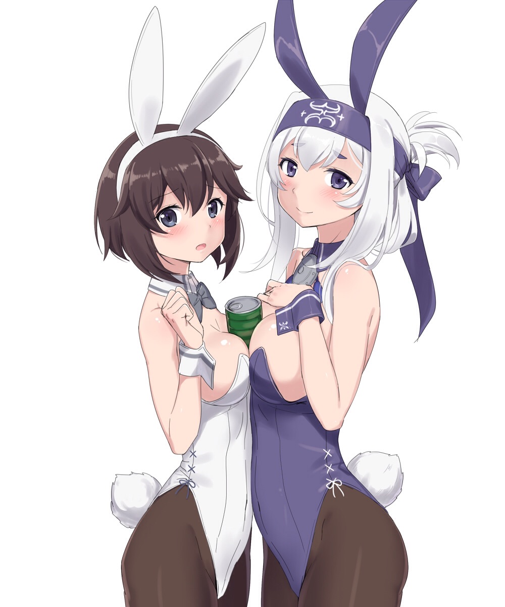 10s 2girls alternate_costume animal_ears arm_at_side asymmetrical_docking bare_shoulders between_breasts black_eyes black_legwear blue_leotard blush breast_press breasts brown_hair bunny_tail bunnysuit cleavage cnm covered_navel cowboy_shot detached_collar fake_animal_ears folded_ponytail from_side hand_on_own_chest hayasui_(kantai_collection) headband highleg highleg_leotard highres kamoi_(kantai_collection) kantai_collection large_breasts leotard light_smile long_hair looking_at_viewer medium_breasts multiple_girls off_shoulder open_mouth short_hair sidelocks silver_hair simple_background smile standing tail thick_eyebrows violet_eyes white_background white_leotard