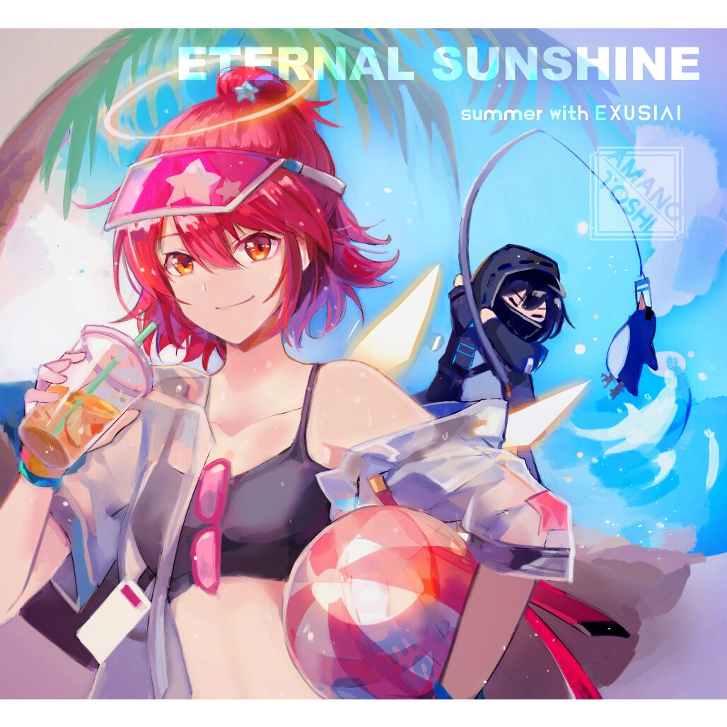 1girl 1other arknights ball bangs bare_shoulders beachball bird black_hair black_jacket breasts brown_eyes camisole character_name chinese_commentary commentary_request crop_top cup disposable_cup doctor_(arknights) drinking_straw exusiai_(arknights) fishing_rod hair_between_eyes half_updo halo hand_up holding holding_ball holding_cup hood hooded_jacket jacket looking_at_viewer midriff open_clothes open_shirt outdoors penguin redhead see-through short_hair short_sleeves small_breasts smile spaghetti_strap stomach tianye_toshi upper_body visor_cap