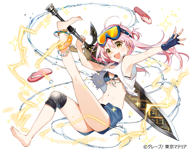 1girl barefoot blush character_request copyright_request denim denim_shorts eyebrows_visible_through_hair flip-flops full_body goggles goggles_on_head holding holding_sword holding_weapon long_hair looking_at_viewer navel open_mouth pink_hair sandals shorts smile solo sword water weapon yellow_eyes yunkel_(zeijaku_mental)