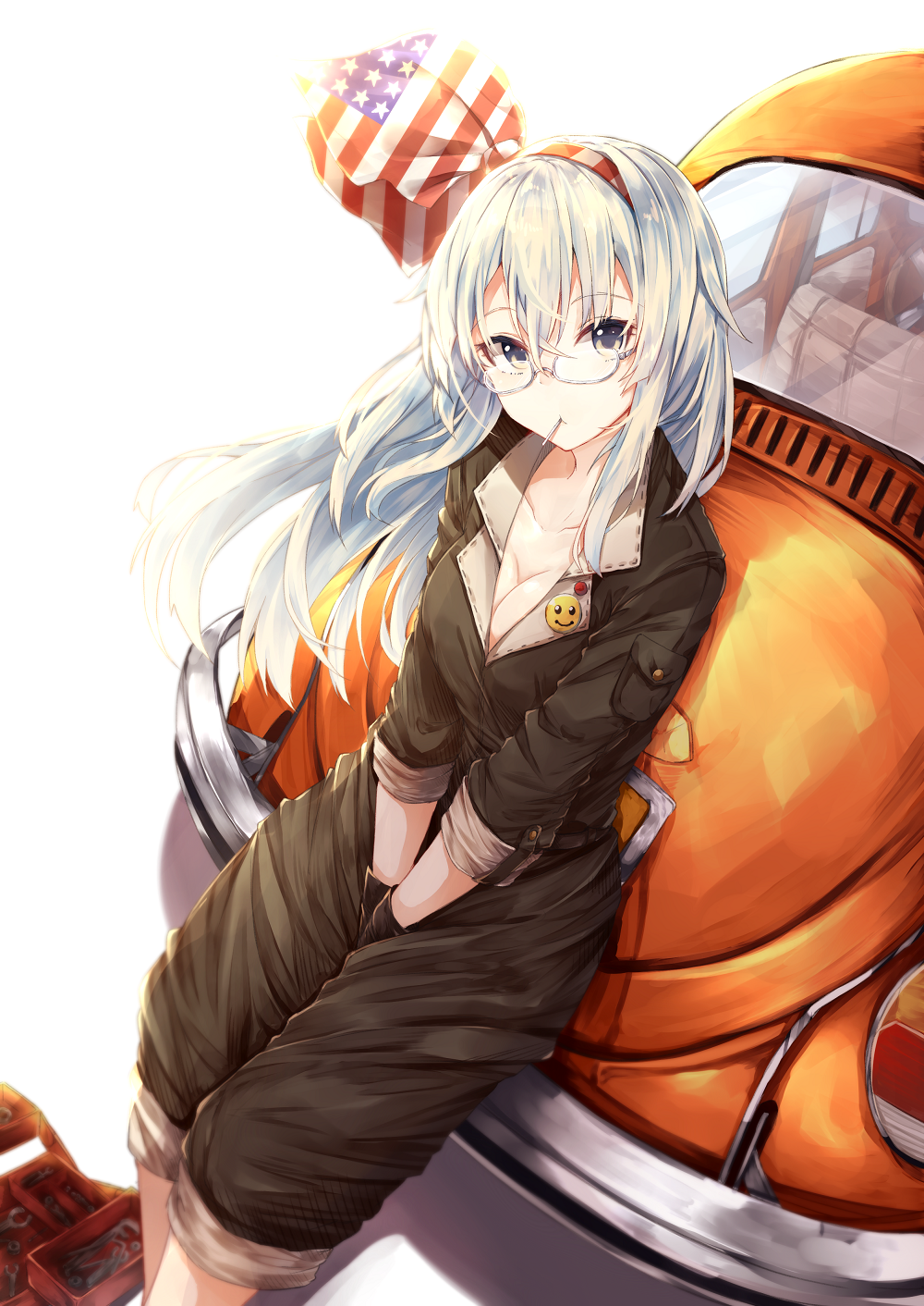 1girl american_flag bad_id bad_tumblr_id between_legs black_eyes breasts candy car cleavage collarbone flair food gloves ground_vehicle hairband hand_between_legs highres lollipop long_hair looking_at_viewer mechanic medium_breasts motor_vehicle mouth_hold neko_sensha original silver_hair sitting solo toolbox vehicle volkswagen_beetle