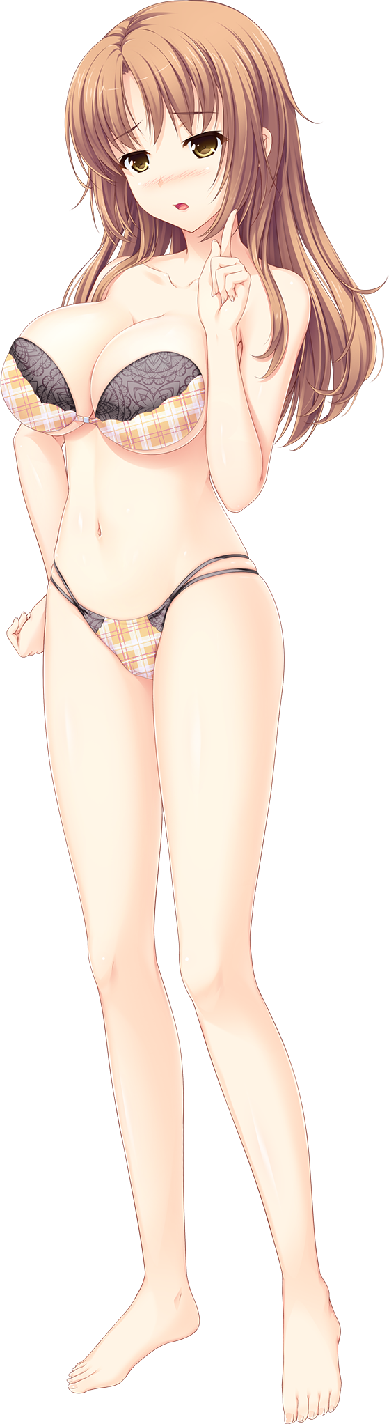 1girl :o barefoot blush bra breasts brown_hair choco_chip ero_zemi eyebrows_visible_through_hair full_body hand_on_hip highres hyoudou_fuyumi index_finger_raised lace lace-trimmed_bra lace-trimmed_panties large_breasts long_hair navel nose_blush panties plaid plaid_bra plaid_panties solo strapless strapless_bra transparent_background underwear
